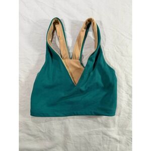 Womens Teal Green V-Neck Sports Bra Tan Contrast Lining Size Medium D-457